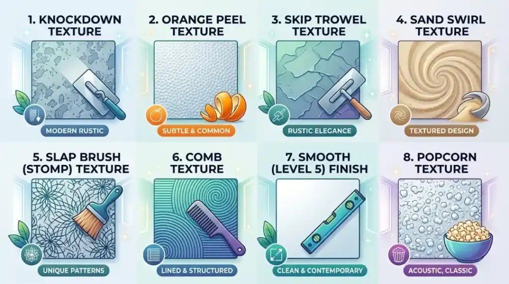 Infographic showing 8 wall texture types including knockdown, orange peel, skip trowel, and popcorn textures