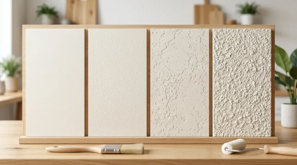 Comparison board showing different wall texture types from smooth to heavy textured drywall finishes