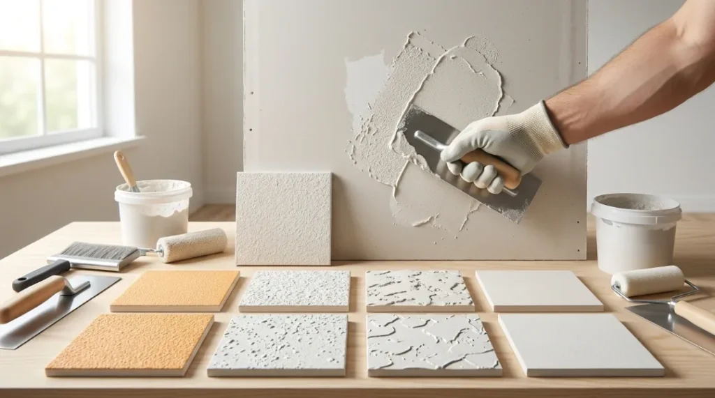 Applying drywall compound with trowel showing different wall texture types samples and tools