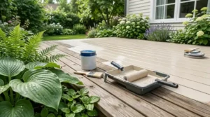 Paint roller and tray on freshly painted backyard deck near garden home What Is the Best Deck Paint