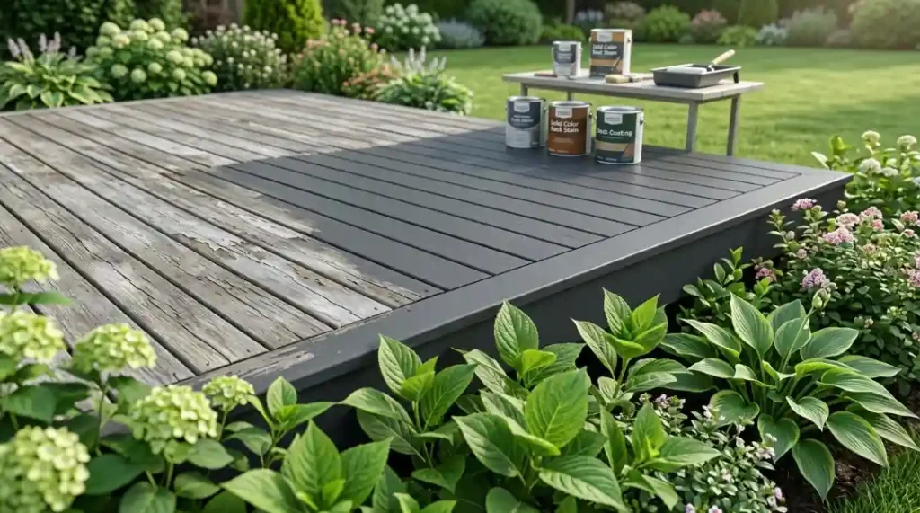 Freshly coated backyard deck with deck paint cans and tools – What Is the Best Deck Paint