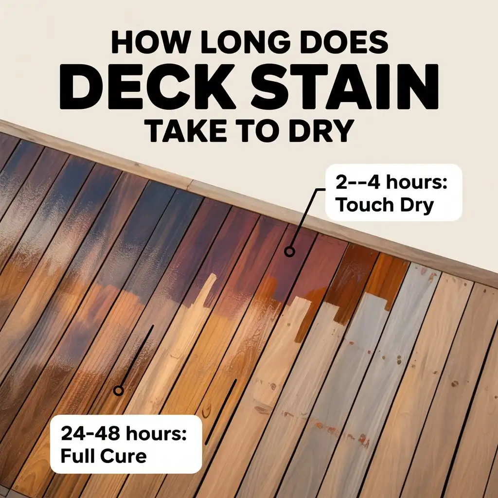 A wooden deck with different stain colors applied, showing drying stages with labels indicating 2–4 hours to become touch dry and 24–48 hours for full cure, demonstrating how long does deck stain take to dry.