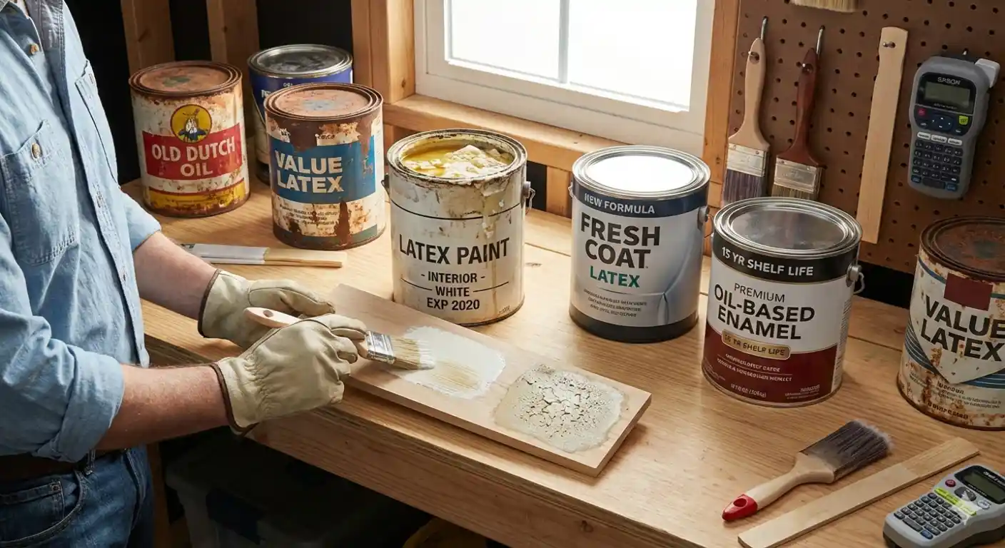 Does Paint Expire? Testing old and new paint cans for usability, showing signs of expired paint like lumps and separation.