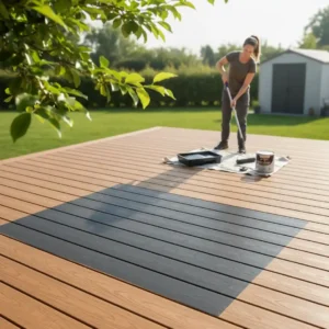 Woman painting a composite deck surface, showing can you paint Trex decking for faded outdoor boards