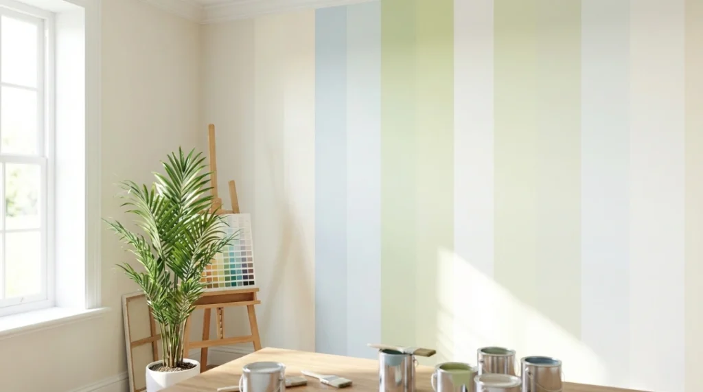 Vertical striped wall in soft colors showing what colors make rooms look larger
