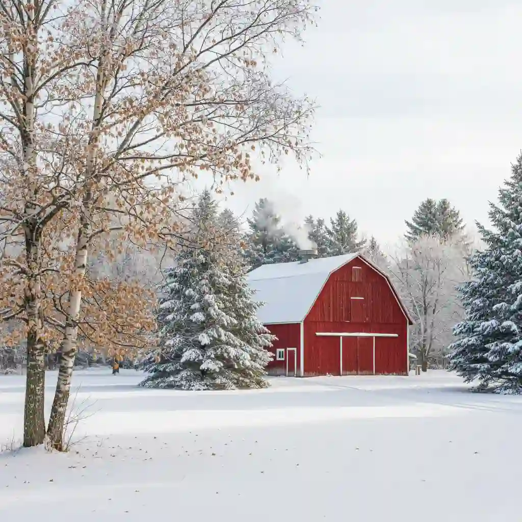 Red barn in snowy winter landscape showing why are barns painted red tradition