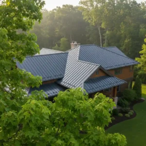 Modern home with gray metal roof surrounded by trees – how much does it cost to paint a metal roof