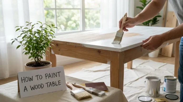 how to paint a wood table with brush applying white paint on wooden table indoors