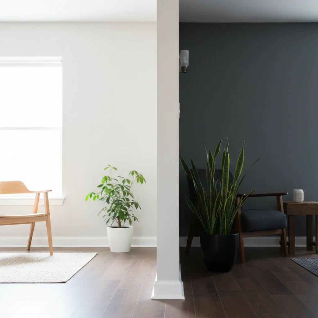 Split room with light white wall and dark gray wall, indoor plants, and wooden furniture contrast