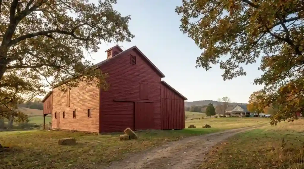 Classic red barn on rural farm showing why are barns painted red in American countryside