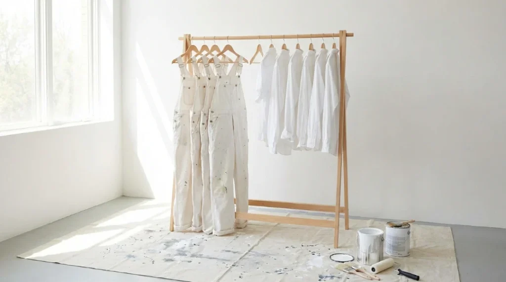White painter overalls and shirts on rack with paint tools Why Do Painters Wear White Clothes