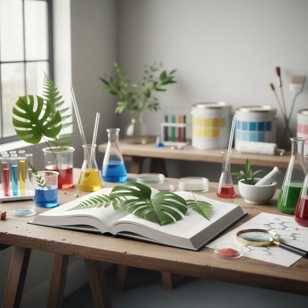 Lab setup with pigments and plants explaining why are barns painted red chemistry