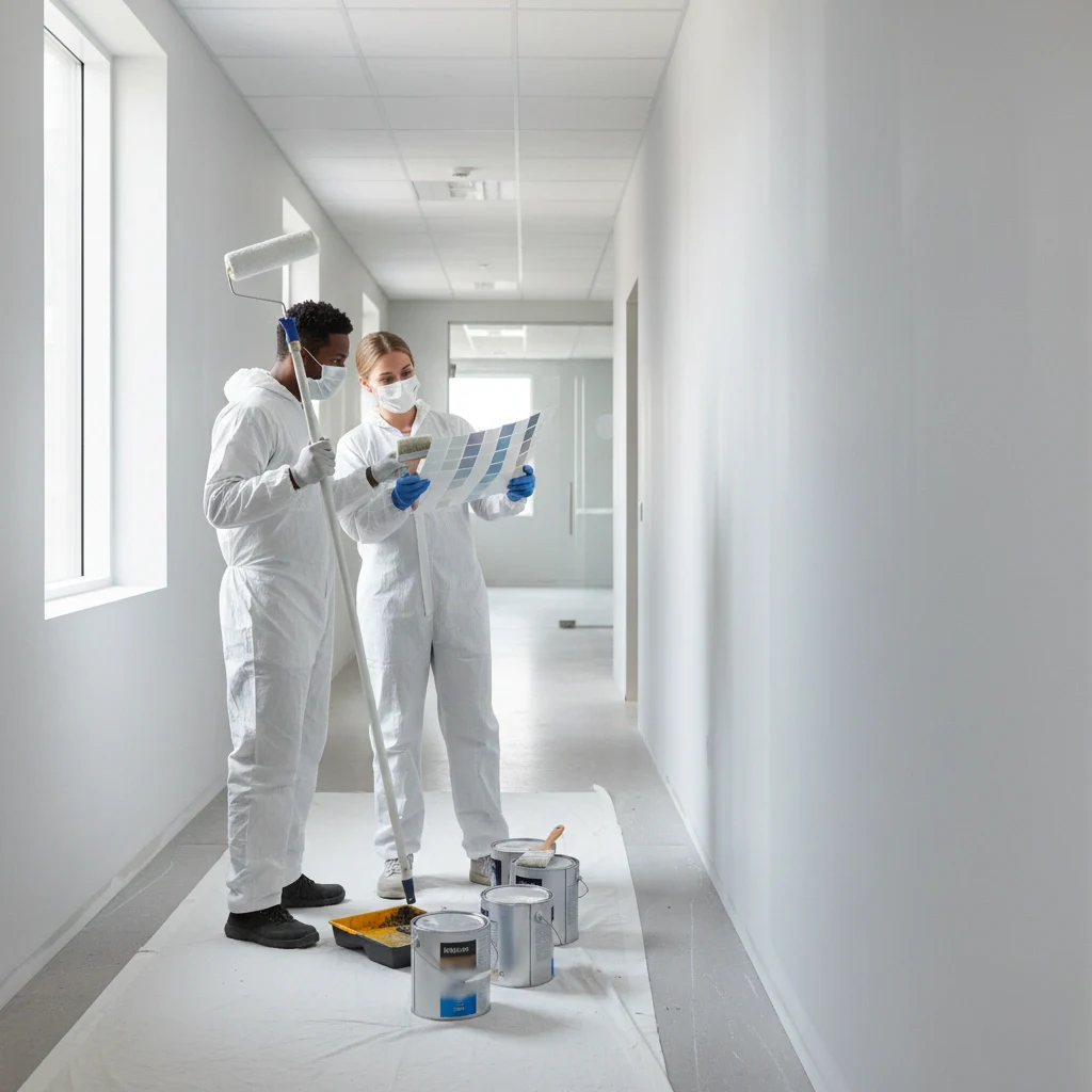 Commercial painters reviewing color samples in office hallway what is commercial painting