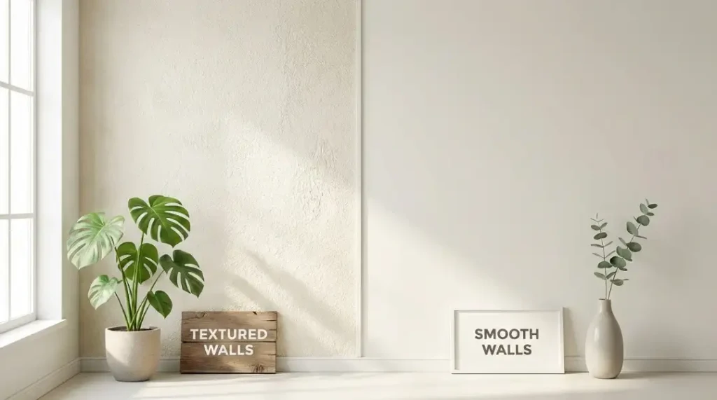 What is a textured wall compared to smooth walls showing texture differences in a modern interior