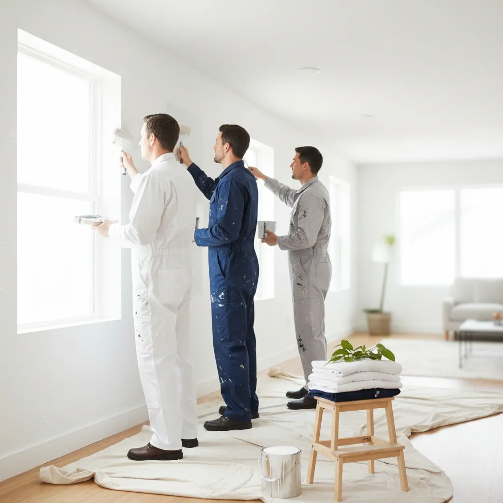 Three painters in white and blue overalls painting interior walls – Why Do Painters Wear White Clothes