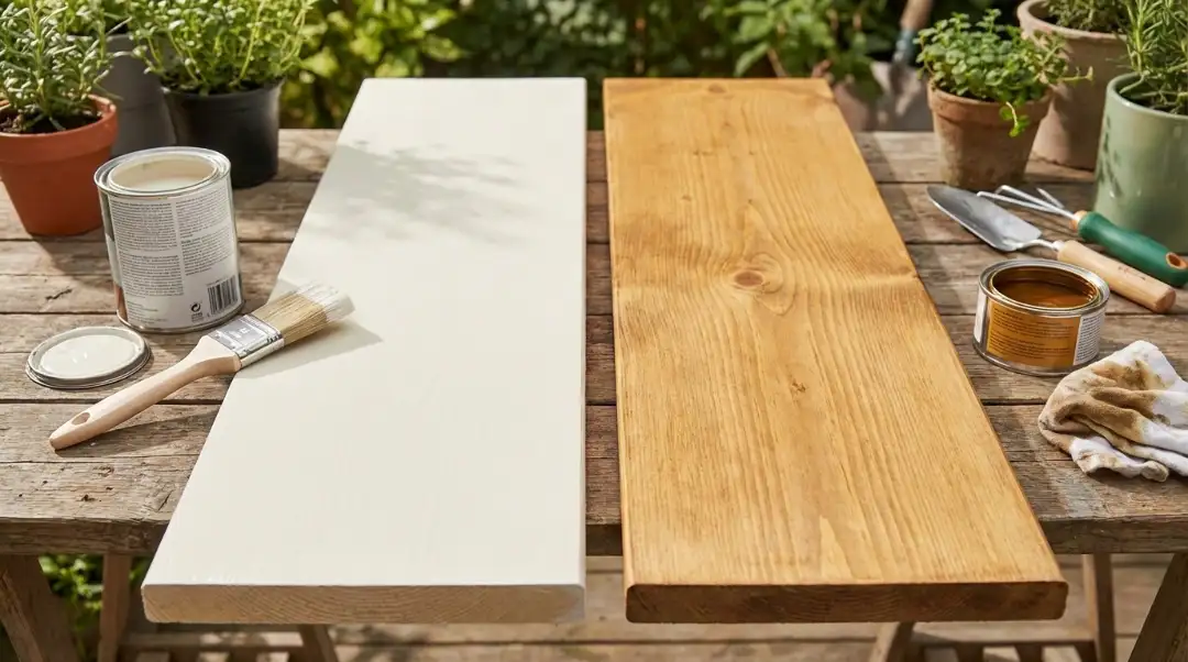 Side-by-side wood boards painted and stained showing what is the difference between stain and paint