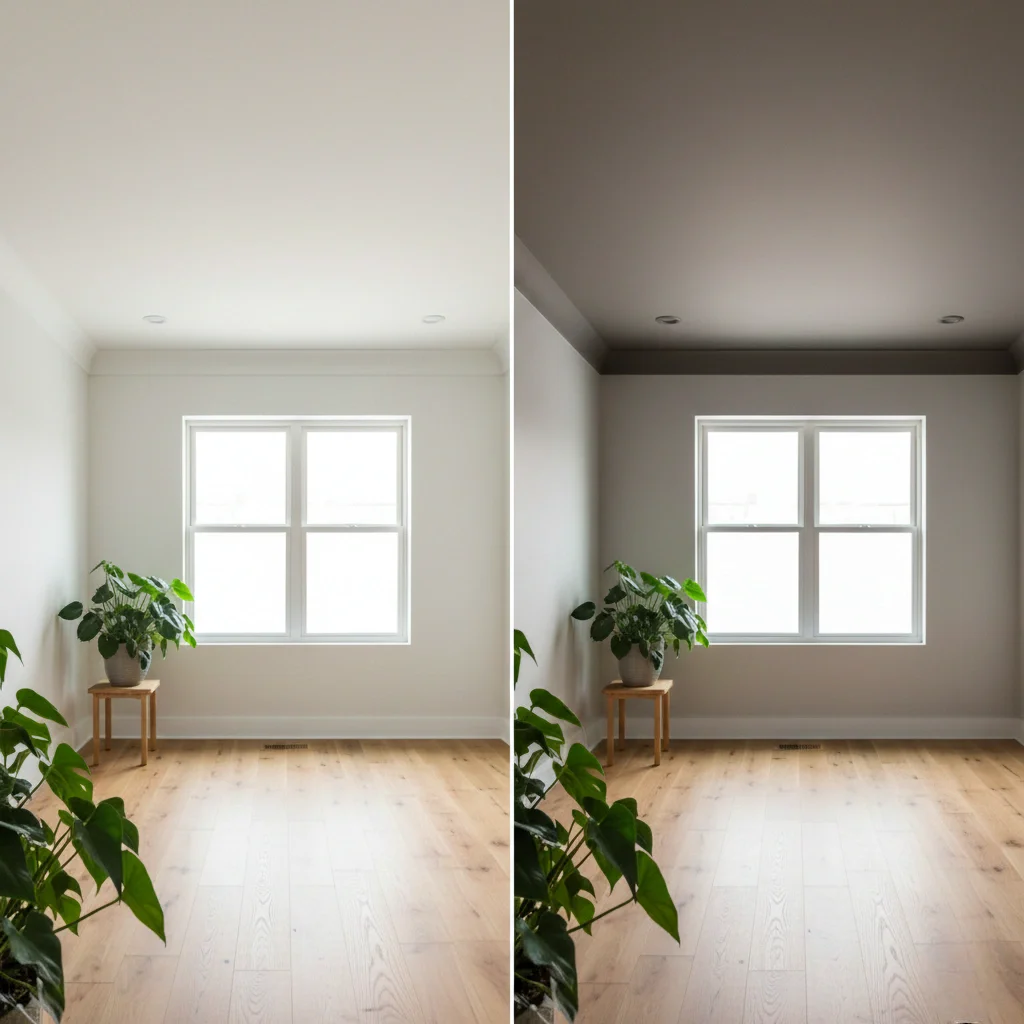 Light vs dark ceiling comparison showing what colors make rooms look larger