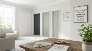 Modern living room showing door color options, guide on what color to paint interior doors