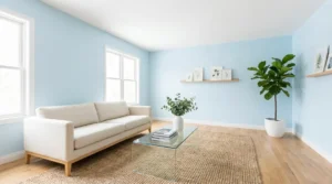 Bright living room with soft blue walls and large windows showing what colors make rooms look larger