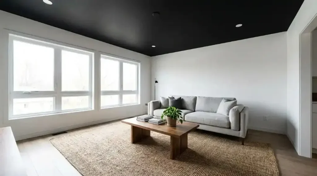 Bright living room showing When Should You Use Black Ceiling Paint with sleek black ceiling contrast.