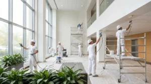 Team painting office interior showing what is commercial painting in action