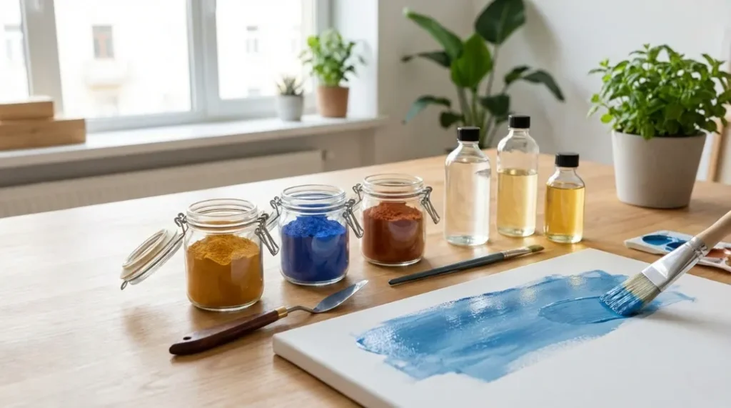 Paint samples and tools on table illustrating what is the difference between stain and paint
