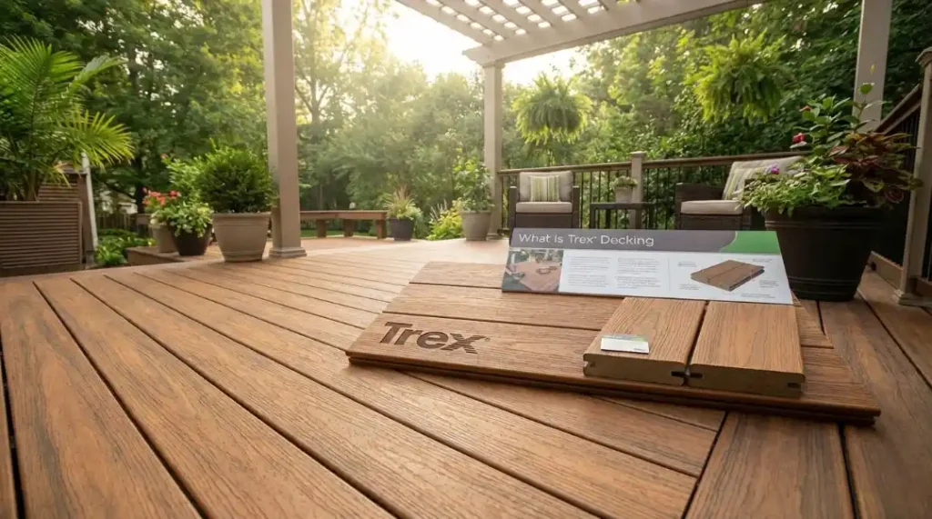 Trex composite decking boards on an outdoor deck, explaining can you paint Trex decking or leave it uncoated
