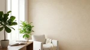 What is a textured wall in a modern living room with a subtle plaster finish and natural light