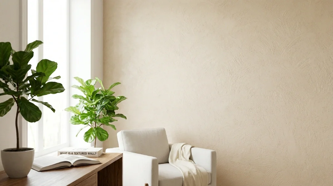 What is a textured wall in a modern living room with a subtle plaster finish and natural light