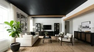 Modern living room example for When Should You Use Black Ceiling Paint with dramatic black ceiling.