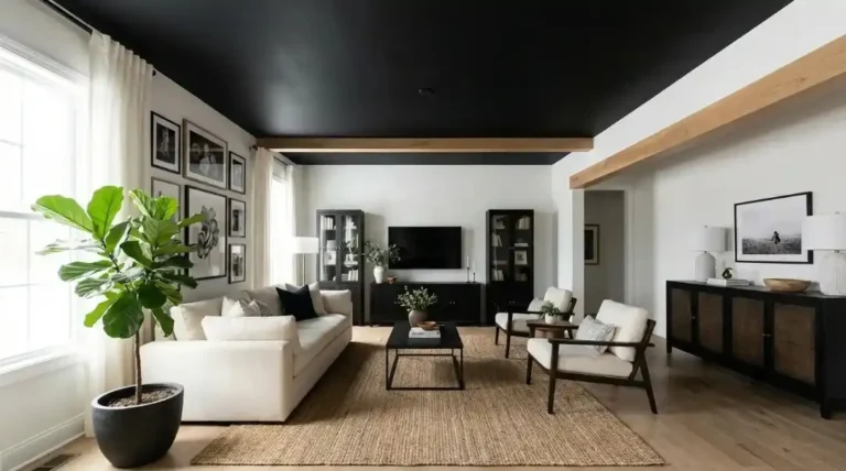 Modern living room example for When Should You Use Black Ceiling Paint with dramatic black ceiling.