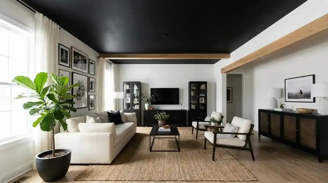 Modern living room example for When Should You Use Black Ceiling Paint with dramatic black ceiling.