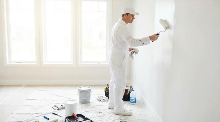 Painter in white uniform rolling paint on wall in bright room Why Do Painters Wear White Clothes