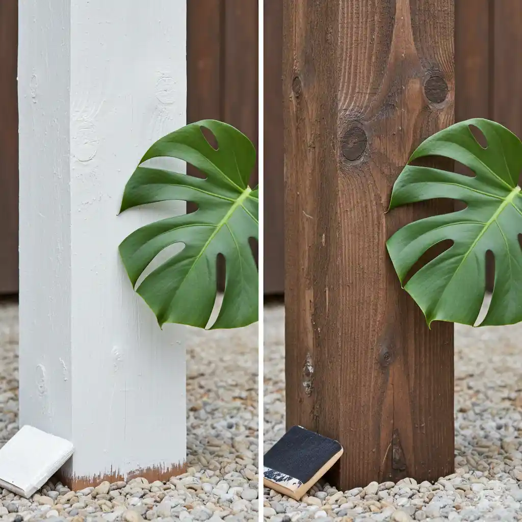 Side-by-side white painted and brown stained wood posts showing what is the difference between stain and paint