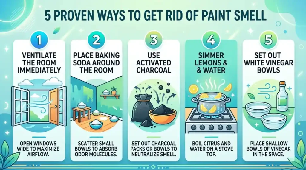 Infographic showing five methods explaining how to get rid of paint smell using ventilation, baking soda, charcoal, lemon, and vinegar