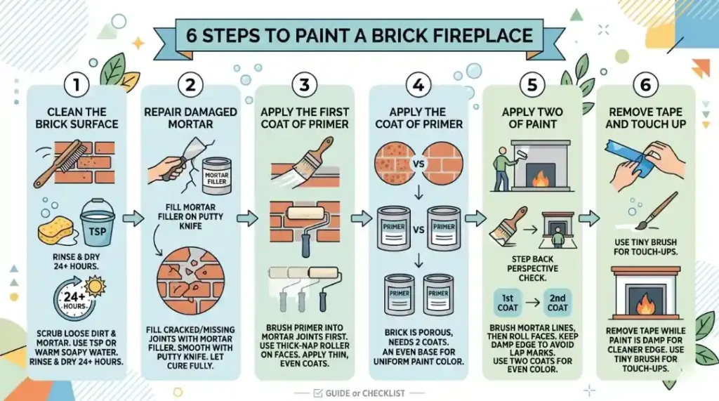 6 steps to paint a brick fireplace infographic showing cleaning, priming, and painting process