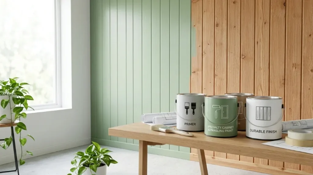 Best paint for wood paneling showing primer, specialty paneling paint, and durable finish cans