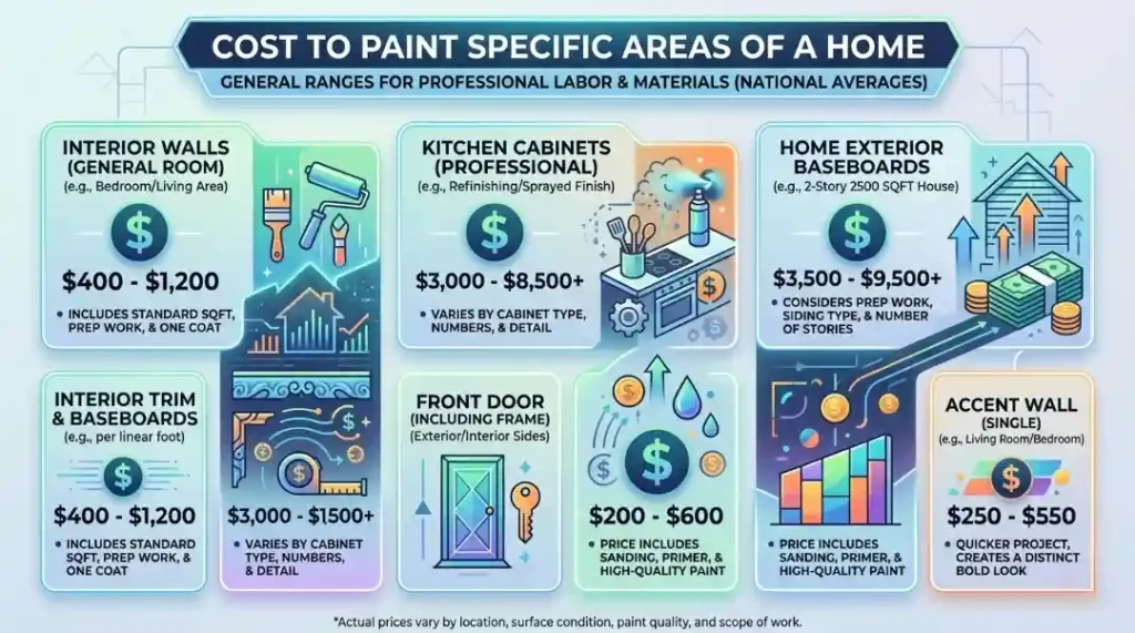 Infographic showing cost to paint specific areas of a home including walls, trim, cabinets, and accent walls with price ranges