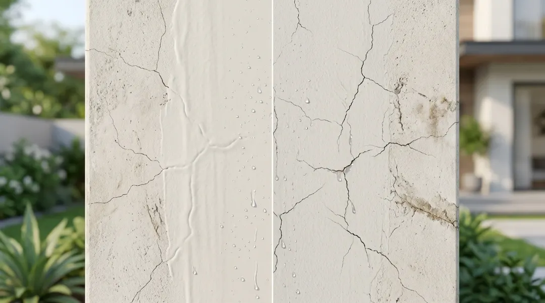 Elastomeric paint vs acrylic paint on cracked stucco wall showing water resistance and crack bridging difference