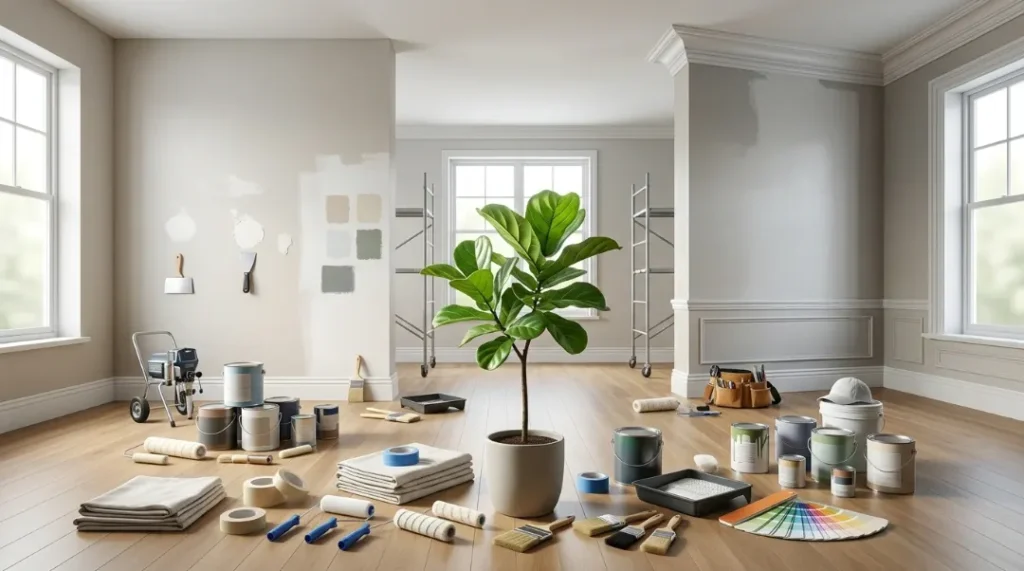 How Much Does It Cost to Paint a Room with paint cans, tools, and color samples in empty space