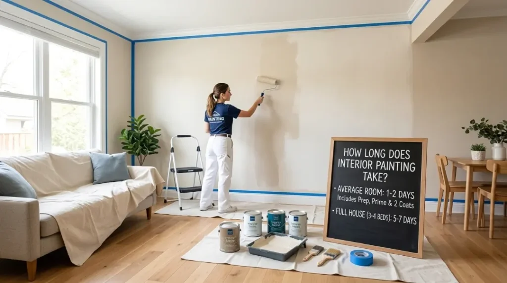 Painter rolling interior house walls with a chalkboard sign showing how long interior painting takes by room and full house