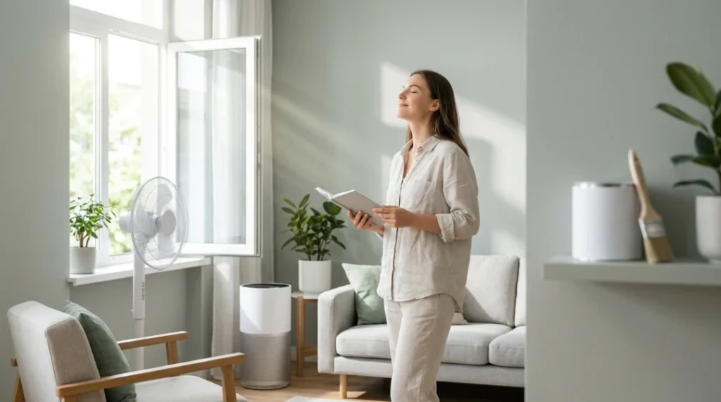 Open window and fan improving airflow to reduce paint fumes and show how to get rid of paint smell indoors