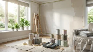 Interior room with paint cans, ladder, and prepped walls during home painting project