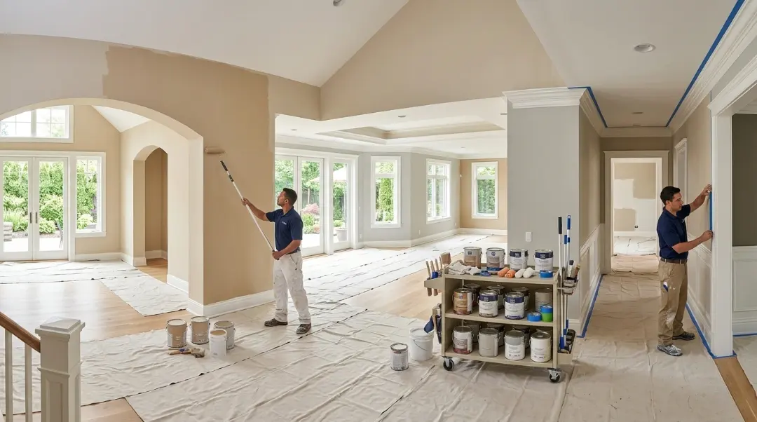 painters painting interior of a large house with vaulted ceilings and paint supplies on drop cloths