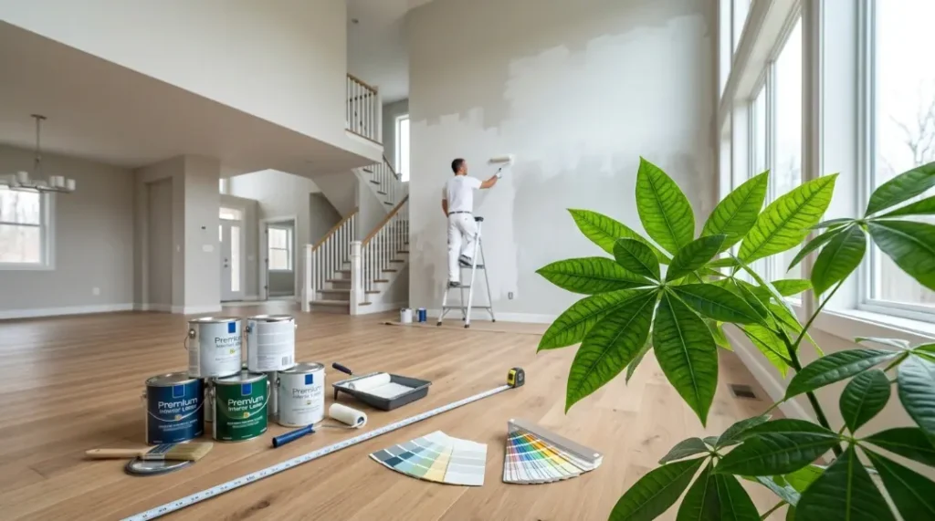 How Much Does It Cost to Paint a Room – painter on ladder in bright living room with paint cans