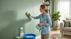 Woman wiping a green wall with sponge demonstrating How to Clean Painted Walls safely without damaging paint