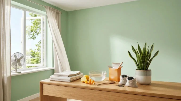 Natural methods like lemon, charcoal, and ventilation showing how to get rid of paint smell in a freshly painted room