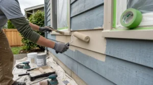 Person painting aluminum siding with roller after prep, demonstrating how to paint aluminum siding properly