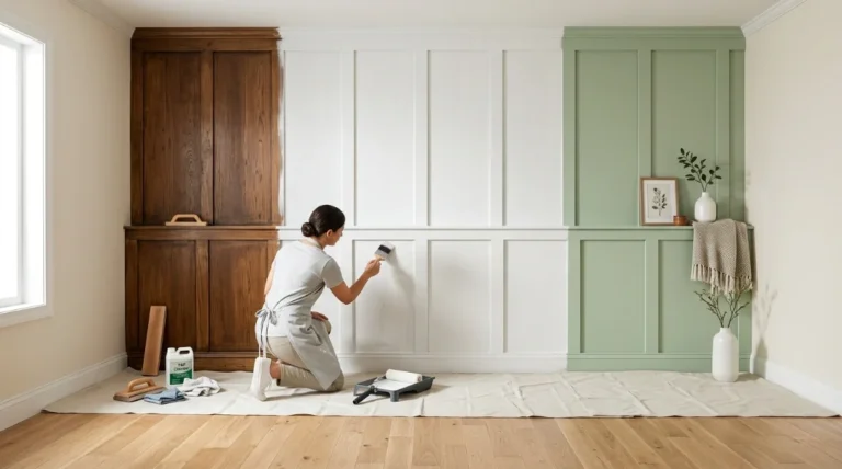 How to Paint Wood Paneling before and after wall transformation with person painting white over dark panels