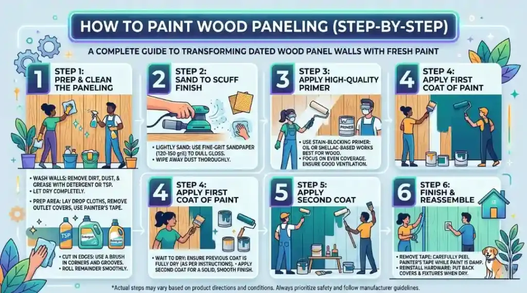 How to paint wood paneling step-by-step guide showing 6 steps from prep to finish
